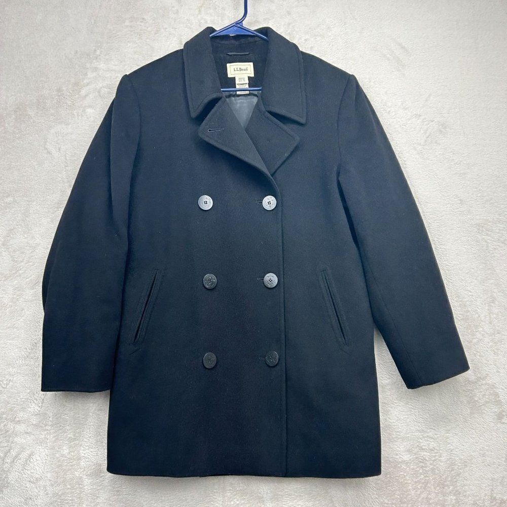 LL Bean Womens Black Wool Cashmere Blend Double Breasted Winter Pea Coat Sz 14